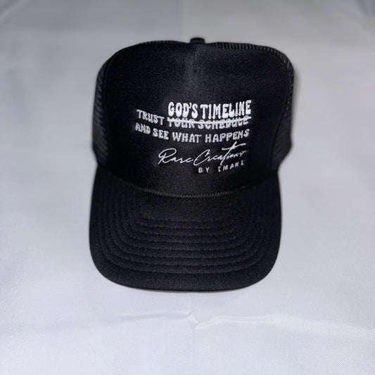 “TRUST GOD’S TIMELINE” METALLIC SILVER TRUCKER HAT